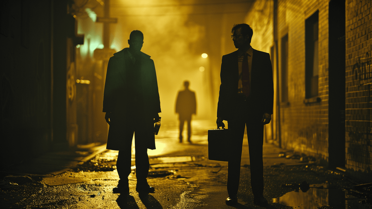 Una imagen poderosa y simbólica de dos hombres adultos, de pie, uno frente al otro en un callejón tenuemente iluminado. Uno, desaliñado, sostiene una botella en un rincón oscuro, representando la adicción y la lucha. El otro, erguido, iluminado por una cálida luz dorada, viste ropa limpia y sostiene un pequeño maletín. Entre ellos, la figura borrosa de un padre se vislumbra al fondo, representando el origen compartido. La escena presenta un tono dividido: un lado oscuro y crudo, el otro esperanzado y sereno, simbolizando diferentes decisiones que surgen de la misma raíz. La atmósfera general evoca reflexión, conflicto interno y transformación personal.