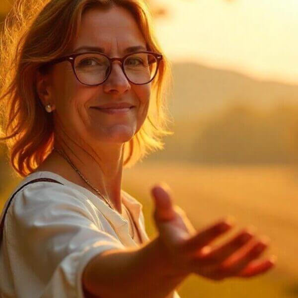 Una mujer hispana de 45 años, con gafas y el cabello despeinado, mira a la cámara, extendiendo la mano, invitándonos a viajar, de pie junto a un paisaje fresco. La luz del sol se filtra entre los árboles, creando una atmósfera cálida y acogedora.